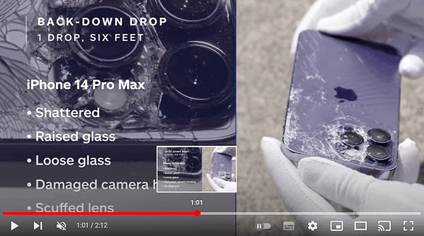 iPhone 14 Pro Max 经摔落测试后的背盖受损状况。