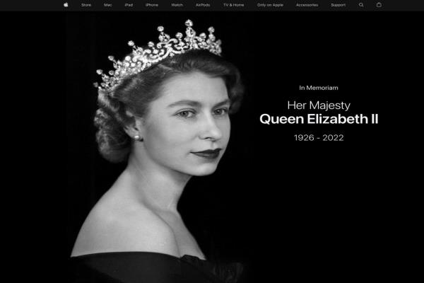 苹果英国官网首页换上整版的女王黑白照片悼念。