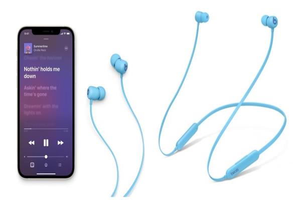 BeatsFlex入耳式无线耳机，可戴在耳上或挂于颈间。目前苹果宝金科技官网售价为2,249元。颜色提供蓝、黄、灰与黑四种颜色。
