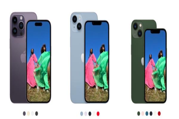 每年苹果的iPhone都有不同色系登场，左起为iPhone14Pro系列、iPhone14系列及iPhone13。